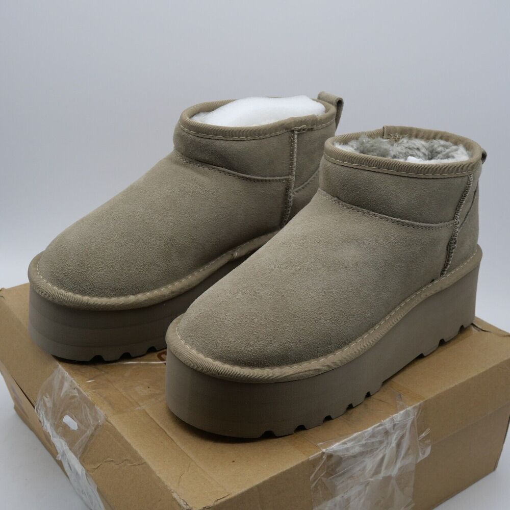 NEW Project Cloud Huggy Women's 6 Platform Suede Ankle Boots Taupe Brown Faux Fu - Picture 2 of 8